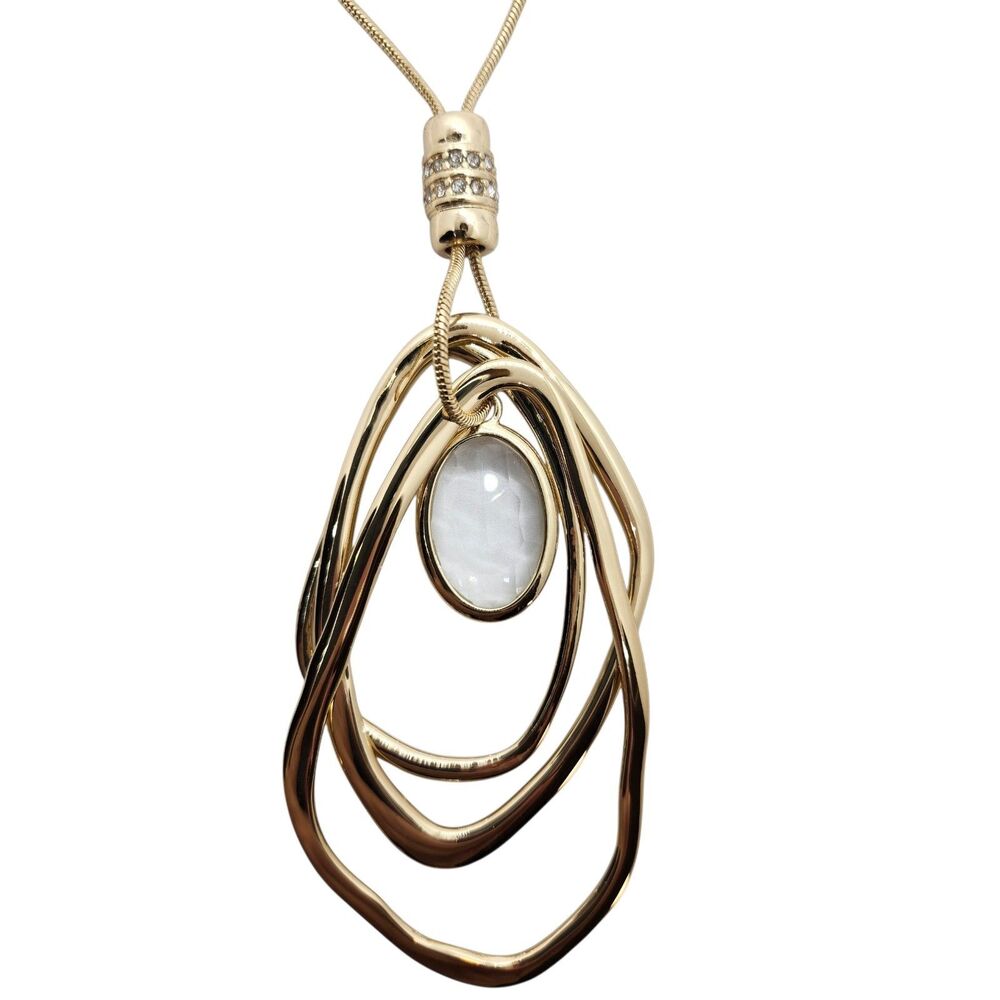 Premier Designs Gold Toned Geometric Rings Clear Rhinestone Pendant Necklace
